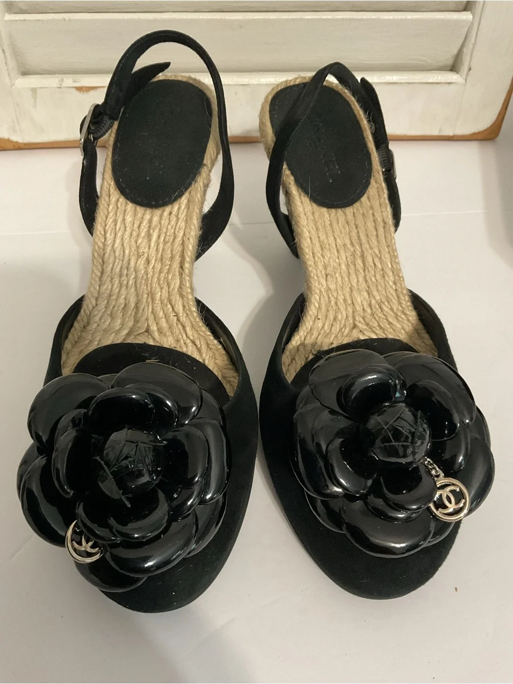 CHANEL Camellia Suede Espadrille Wedge